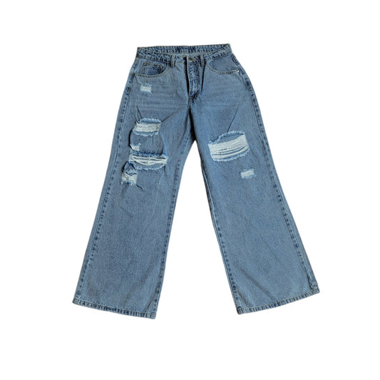 Jean mujer Dahla azul con rotos tiro medio wide leg &nbsp;talla 8