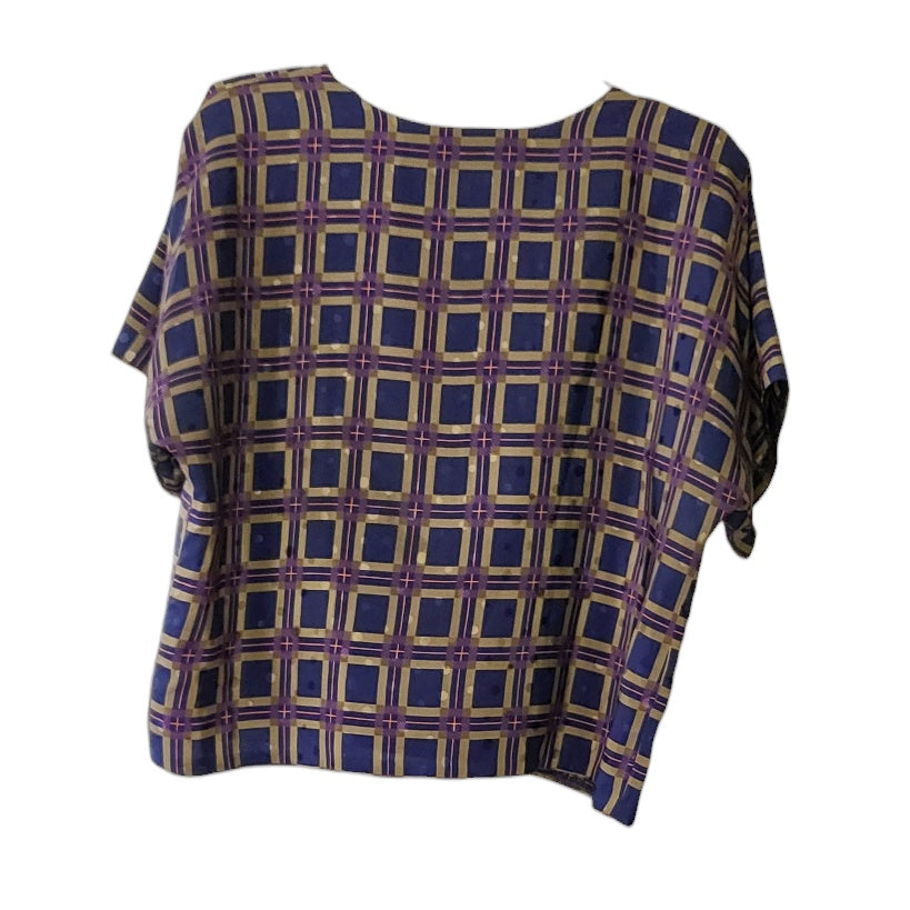 Blusa vintage mujer azul con morado estampado geométrico talla M