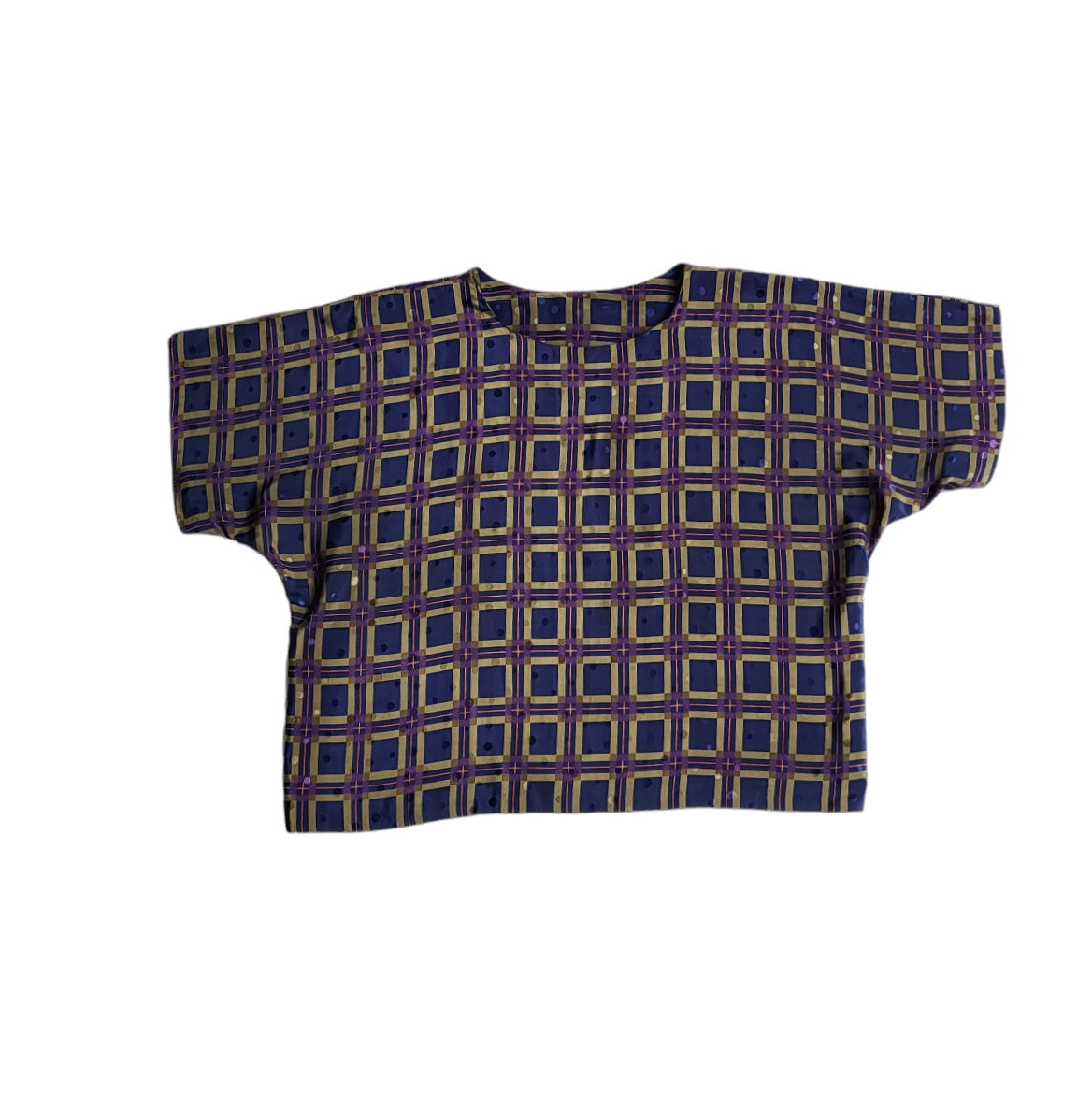 Blusa vintage mujer azul con morado estampado geométrico talla M